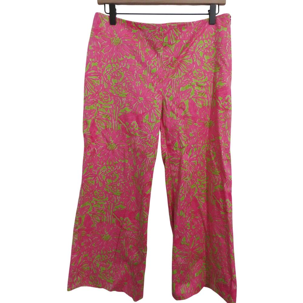 Lilly Pulitzer Sz 6 Pink Green Tropical Print Wide Leg Cropped Pants Resortwear